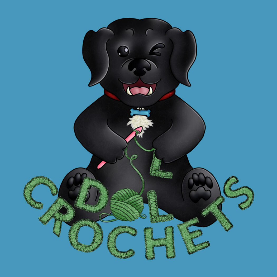 Doll Crochets A drawing of a black dog with a white patch on his chest. In cartoon style, he holds a pink crochet hook, and the final letter, "L", for the words "Doll Crochets" written in sage green yarn. The dog winks, with a cheeky smile.